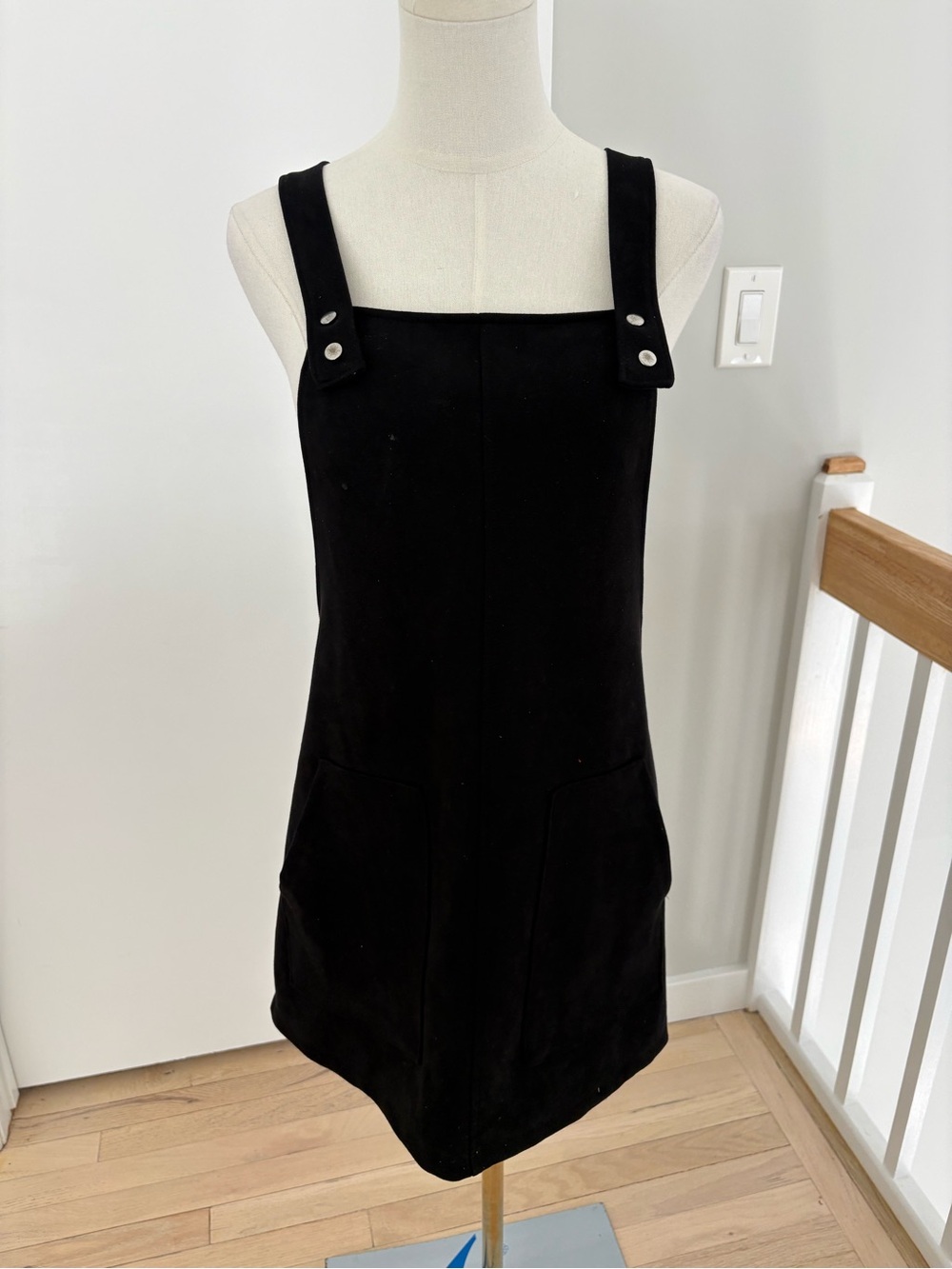 Black Sleeveless Overall Dress with Button Strap Details
